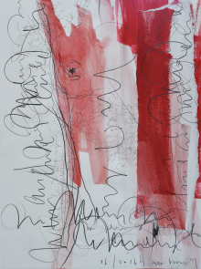 o.T., 2016, Kohle, Graphit, Kugelschreiber, Acryl auf Papier, teilweise collagiert, 42 x 59 cm