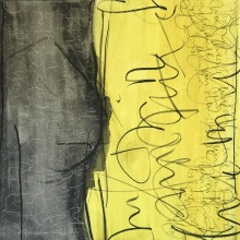 o.T., 2017, Acryl, Graphit, Kohle und Print auf Leinwand, 90 x 90 cm